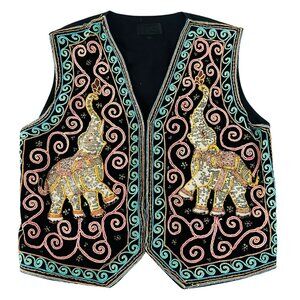 Vtg Rico International Vest Sequined Elephant Boho Womens‎ M/L Festival Beaded
